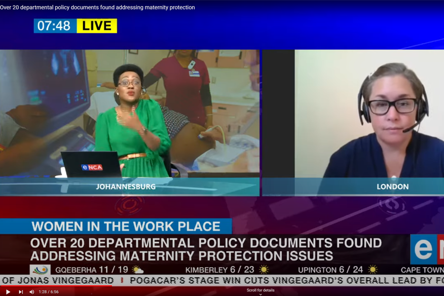 PhD candidate Catherine (Katie) Pereira-Kotze spoke to Tumelo on eNCA on Thursday 21 July 2022, about one of her PhD publications that maps out maternity protection policy in South Africa, that demonstrates the fragmentation in over 20 policy documents available.