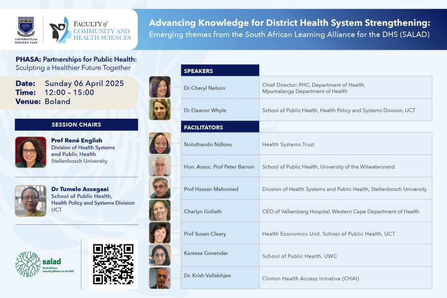 SALAD is a learning network that connects health services managers at district, provincial and national level with health policy and system researchers. SALAD will reflect on its progress since inception through four themes: M&E, COPC, resource allocation and community-led monitoring while eliciting the perspectives of the attendees using world café.