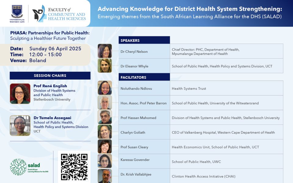 SALAD is a learning network that connects health services managers at district, provincial and national level with health policy and system researchers. SALAD will reflect on its progress since inception through four themes: M&E, COPC, resource allocation and community-led monitoring while eliciting the perspectives of the attendees using world café.