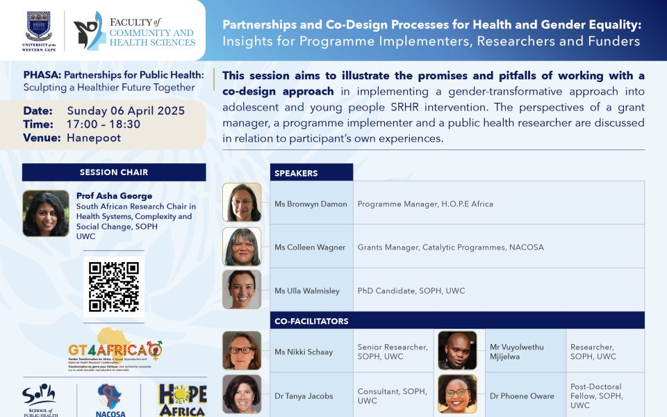 This session aims to illustrate the promises and pitfalls of working with a co-design approach in implementing a gender-transformative approach into adolescent and young people SRHR intervention. The perspectives of a grant manager, a programme implementer and a public health researcher are discussed in relation to participant’s own experiences.