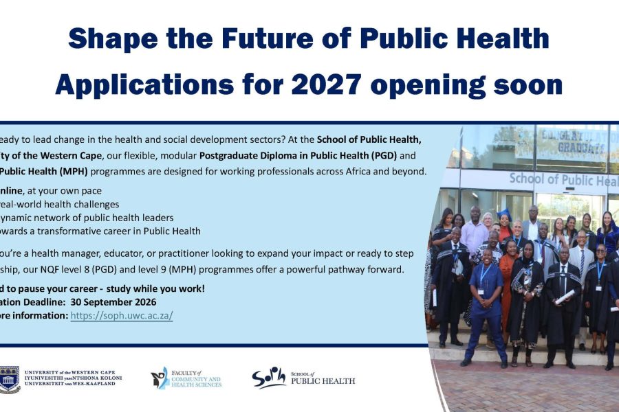 Are you ready to lead change in the health and social development sectors? At the School of Public Health, University of the Western Cape, our flexible, modular Postgraduate Diploma in Public Health (PGD) and Master of Public Health (MPH) programmes are designed for working professionals across Africa and beyond.